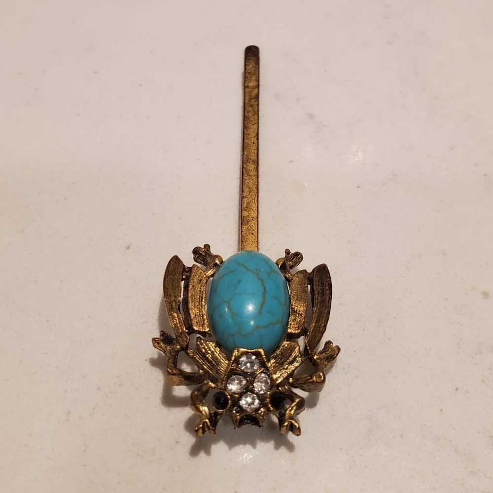 Turquoise Jem Beetle Brass Hair Pin Teal Stone Rhinestones Preppy Vintage Artsy